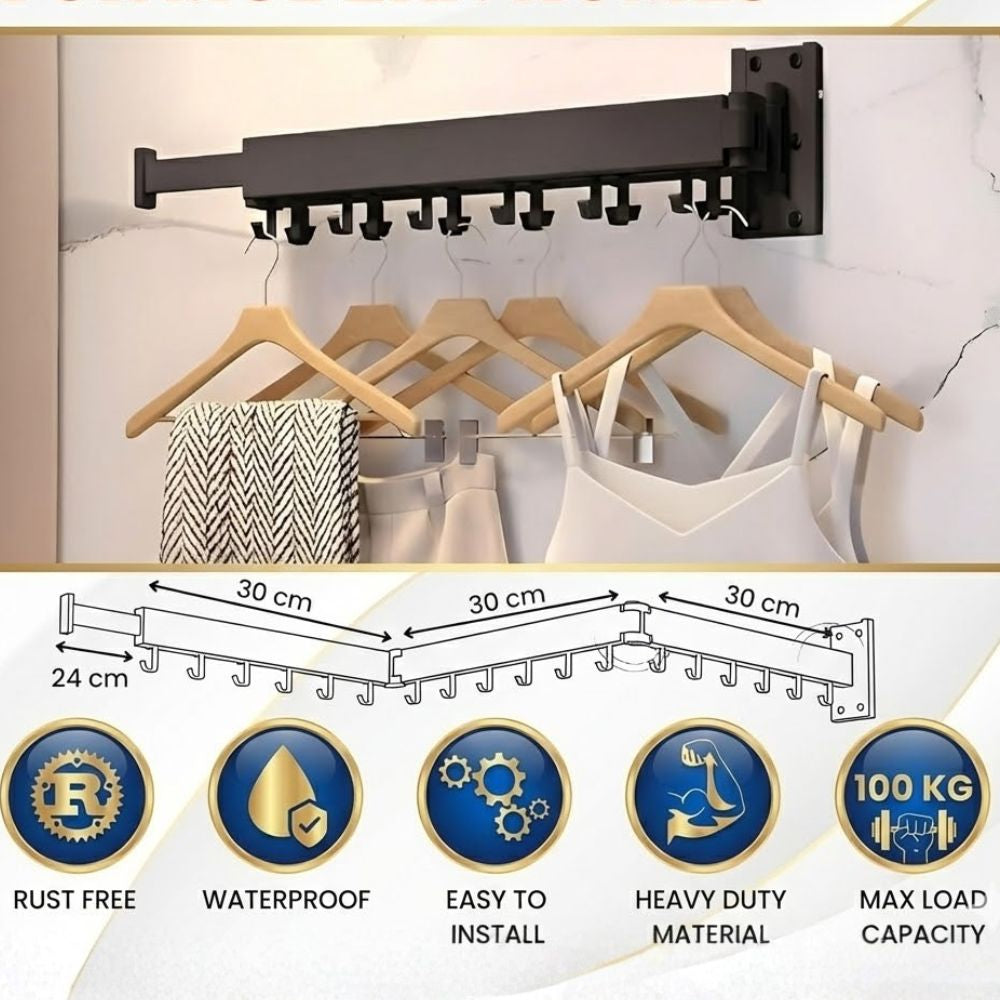 Cloth Drying Stand Wall Mounted-Foldable & Collapsible Drying Clothes Rack with 18 Hooks | Folding Wall Cloth Hanger for Balcony, Bathroom & Laundry | Strong 100 kg Capacity Cloth Drying Stand