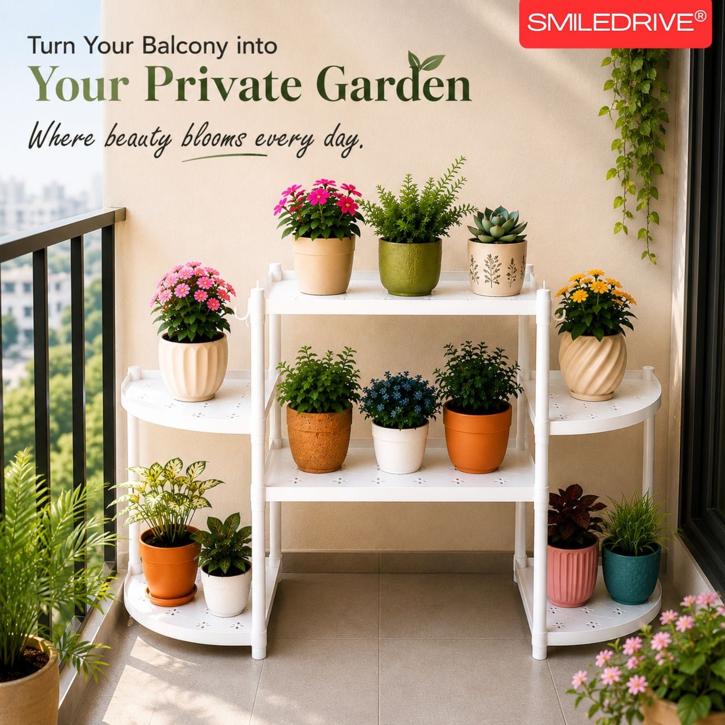 Flower Pot Stand for Indoor Living Room, Balcony & Home | 6 Rack Flower Pot Stand with Hooks | Lightweight Balcony & Home Garden Plant Organizer