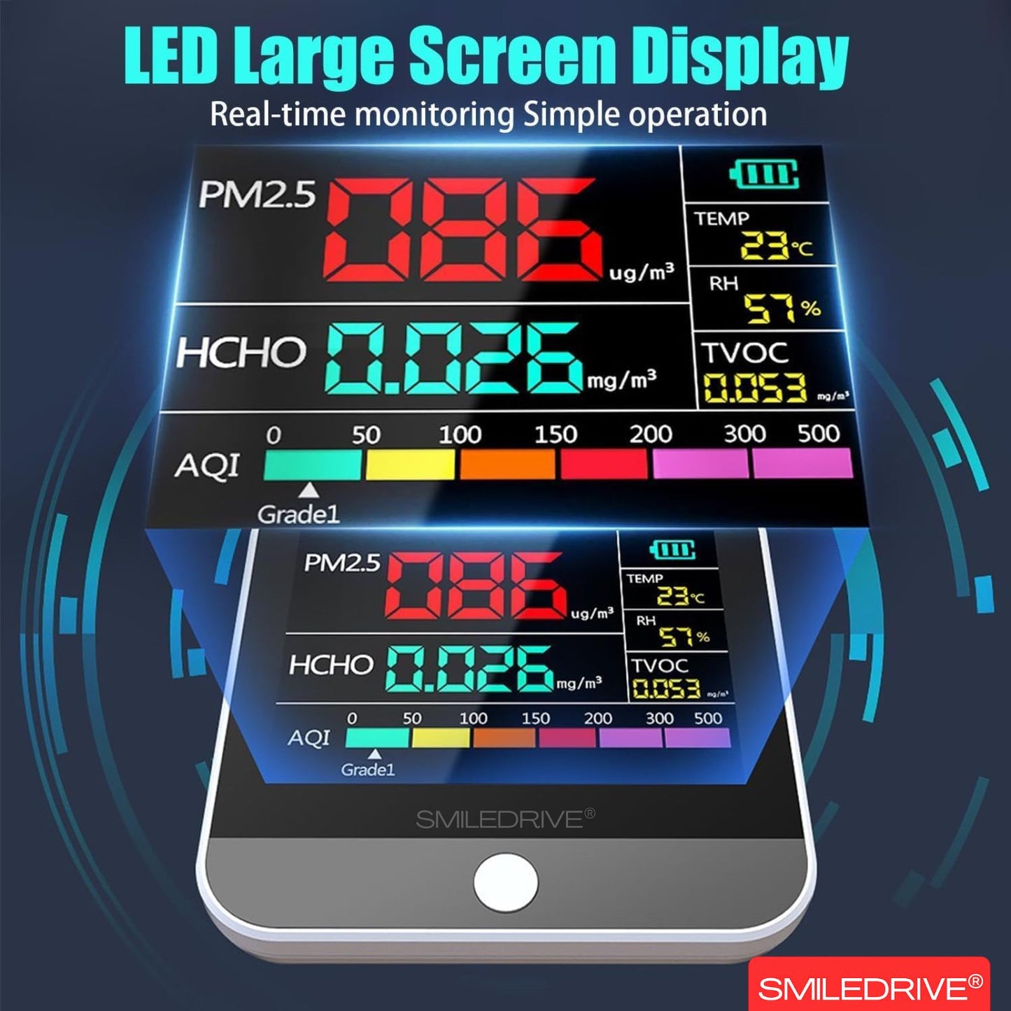 8-in-1 Indoor Air Quality Monitor with Color LCD Display – PM1.0, PM2.5, PM10, HCHO, TVOC, AQI, Temperature & Humidity Detector | Portable Rechargeable Air Pollution Meter for Home, Office & Car
