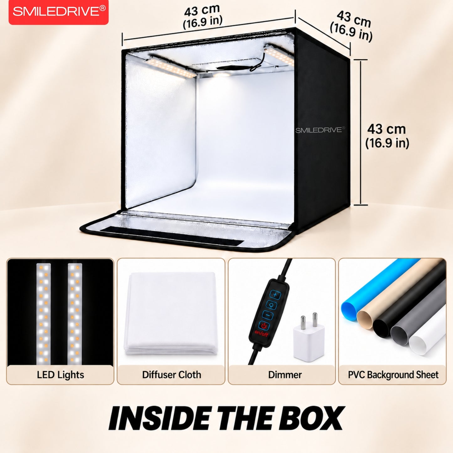 43 cm Product Photography Light Box | Portable Product Photography Box with Reflective Interior | 3 modes LED lights | 5  Backdrops Included | Perfect Photo Booth for jewelry, cosmetics, gadgets, and other small-to-medium items