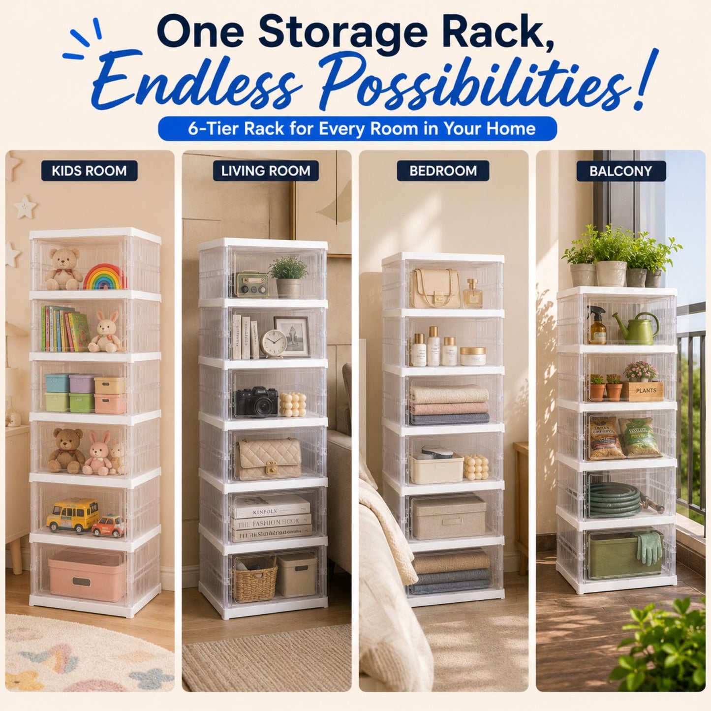 SMILEDRIVE® Foldable Storage Rack with Transparent Doors | Foldable Shoe Rack | 6-Tier Space-Saving Multi-Purpose Organizer for Home