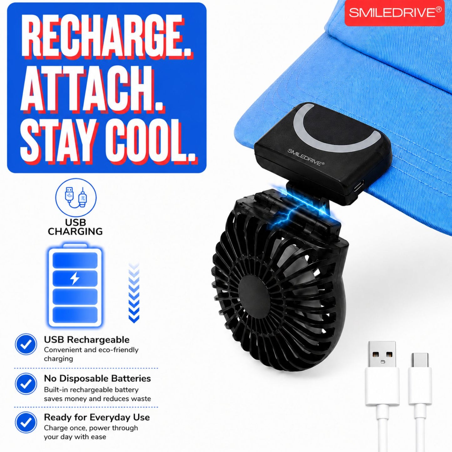 WEARKOOL Fan with Cap & Lanyard | Baseball Cap with Fan | 5 Speed 200mAH Rechargeable BLDC Fan with Powerful Airthrow & Digital Battery Display