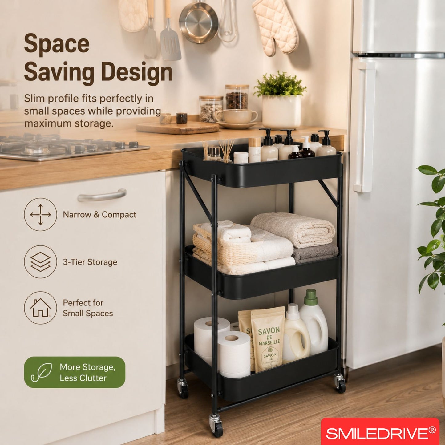 Kitchen Storage Trolley | 3 Tier Fruit and  Vegetable Basket with Wheels | Rolling Cart Trolley for Kitchen, Pantry, Bathroom & Laundry Room | Black