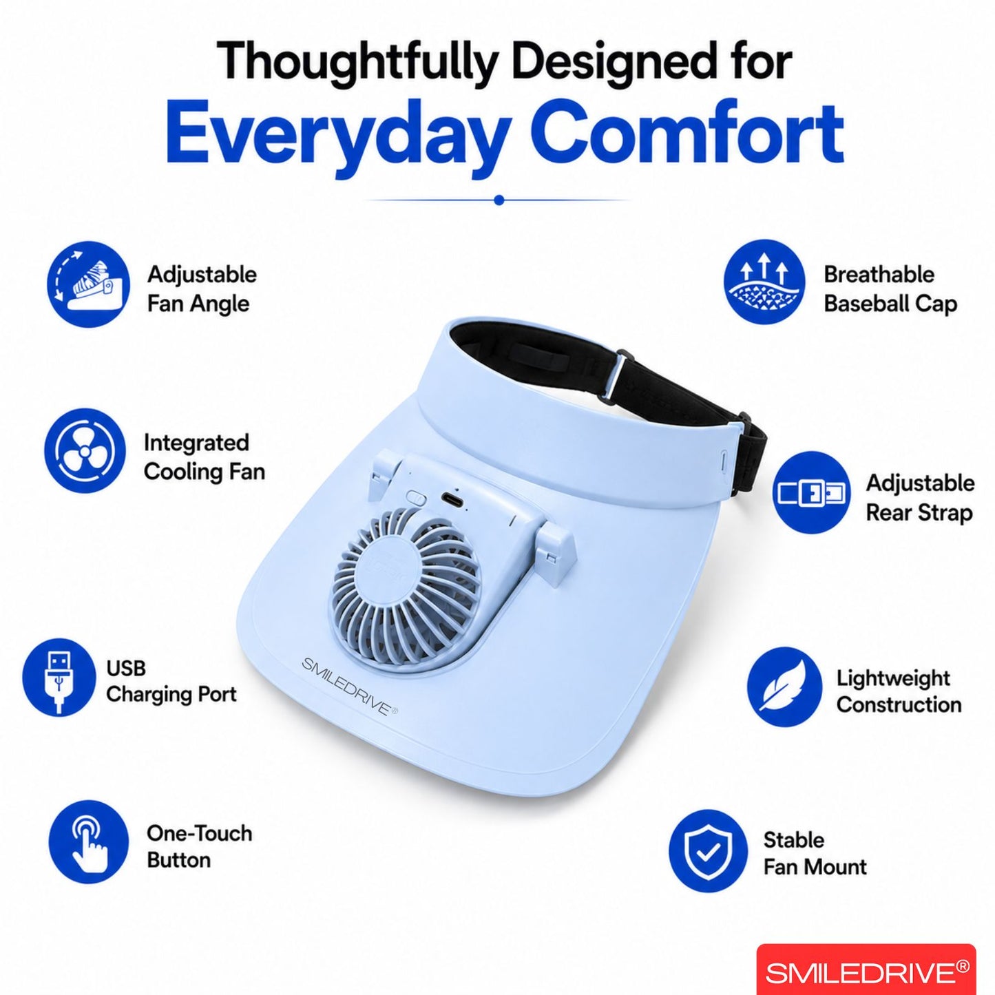 Cooling Fan Cap with Rechargeable Fan, 2-Speed Adjustable Fan, Hands-Free Cooling Hat, Lightweight Cap for Daily Use- Walking, Gardening, Hiking, Camping & Indoor/ Outdoor Work | Available in Blue, Pink & White