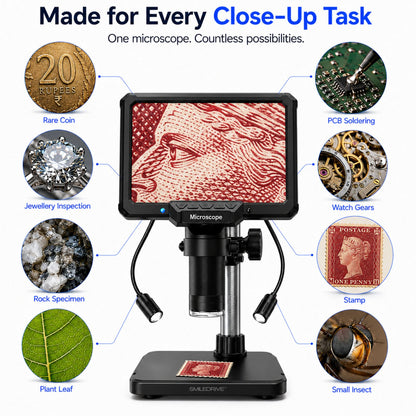 Digital Microscope with 7 inch Screen | 16MP Camera | 50X–1200X Magnification | 1080P Recording | 8+2 LED Lights | Coin, PCB & Jewellery Inspection Microscope