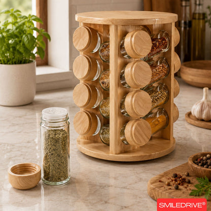 Rotating Spice Rack Wooden Spice Organizer | 5, 12 or 16 Glass Jar with Revolving Stand