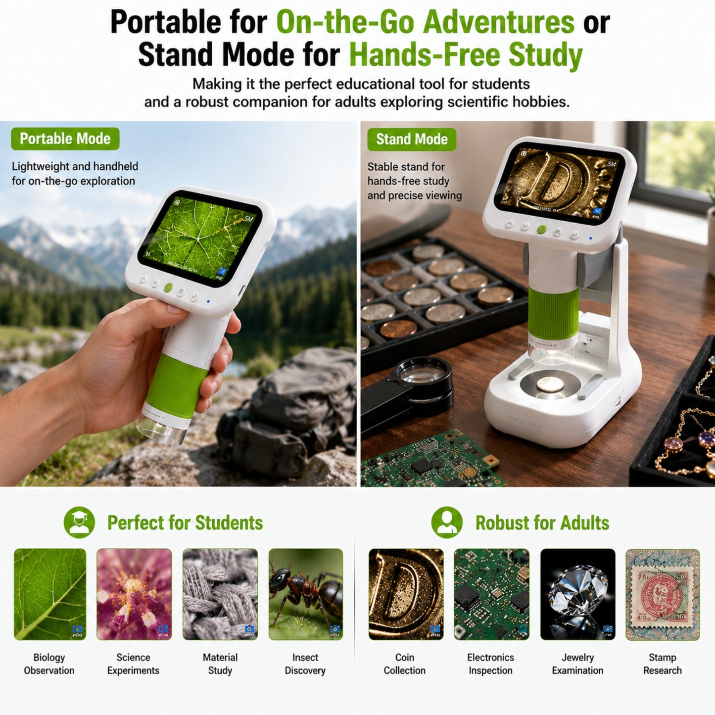Mini Microscope with 1000x HD Magnification | 2.4” Screen LED Lights & Bottom Backlight | Photo & Video Capture | Rechargeable Handheld Microscope for Coins, Plants, PCB, Jewellery & STEM Learning