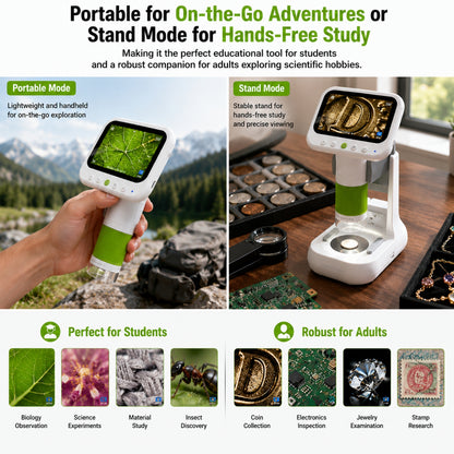 Mini Microscope with 1000x HD Magnification | 2.4” Screen LED Lights & Bottom Backlight | Photo & Video Capture | Rechargeable Handheld Microscope for Coins, Plants, PCB, Jewellery & STEM Learning