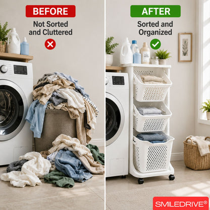 3 Tier Kitchen Rack Laundry Basket with Wheels | Plastic Laundry Organizer | Space Saving Multi Purpose Storage Racks for Kitchen, Laundry Room, Bathroom, Bedroom