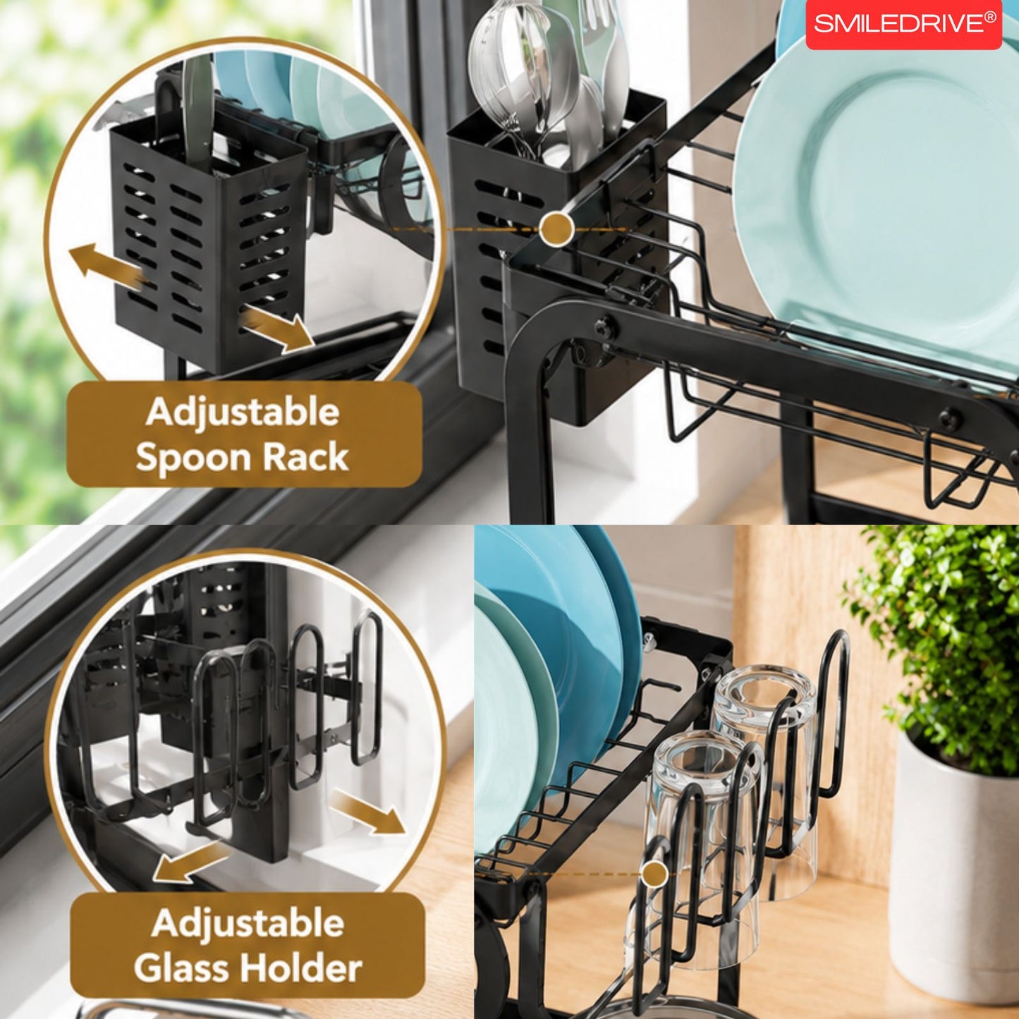 Kitchen Utensil Holder Organizer & Dryer | 2 Tier Dish Drying Rack for Countertop | Anti Rust Dish Drainer Rack with Rotating Drain Swivel Spout