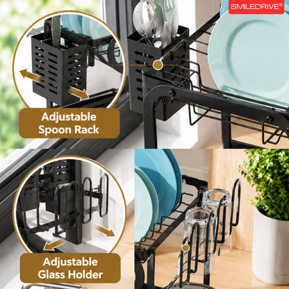 Kitchen Utensil Holder Organizer & Dryer | 2 Tier Dish Drying Rack for Countertop | Anti Rust Dish Drainer Rack with Rotating Drain Swivel Spout