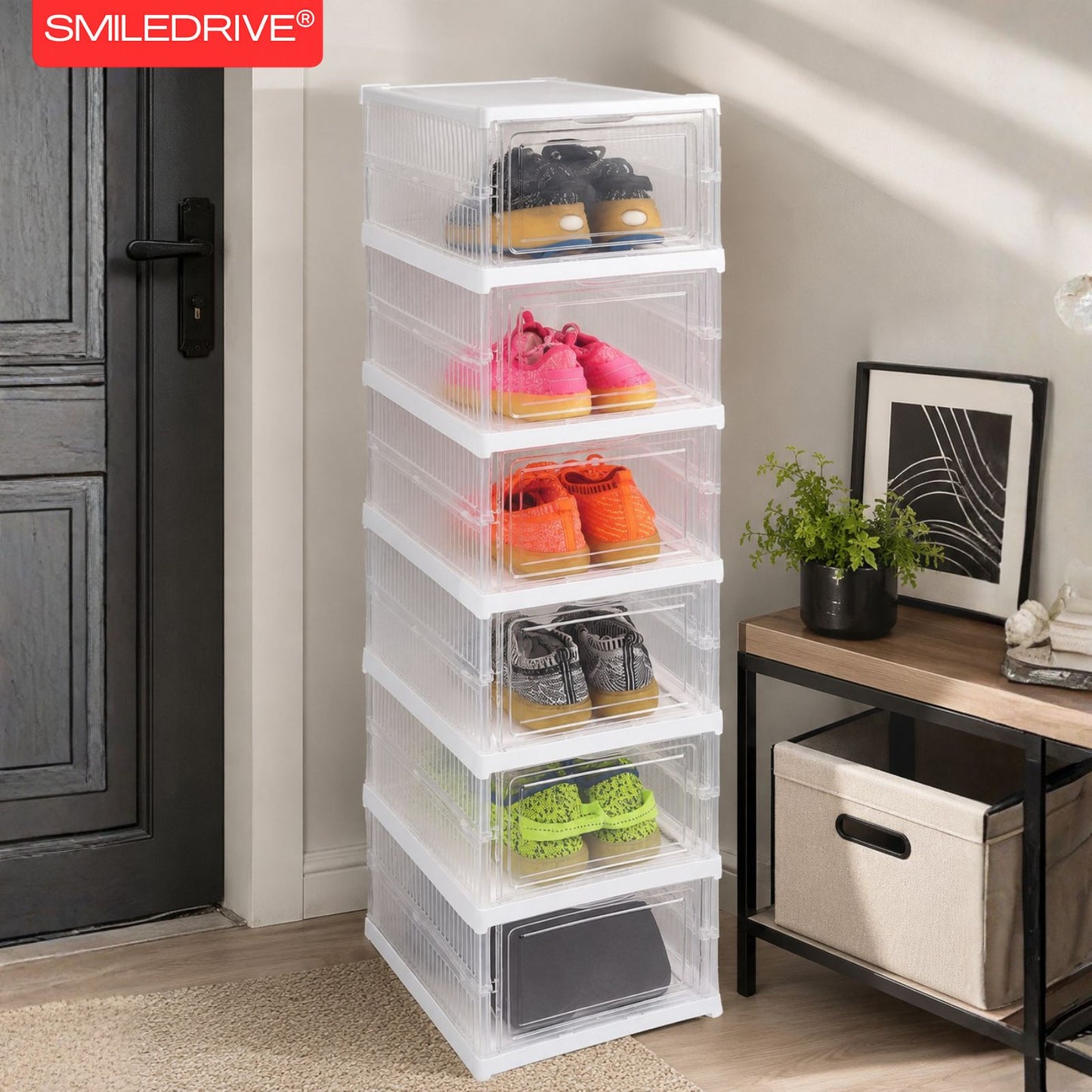 SMILEDRIVE® Foldable Storage Rack with Transparent Doors | Foldable Shoe Rack | 6-Tier Space-Saving Multi-Purpose Organizer for Home