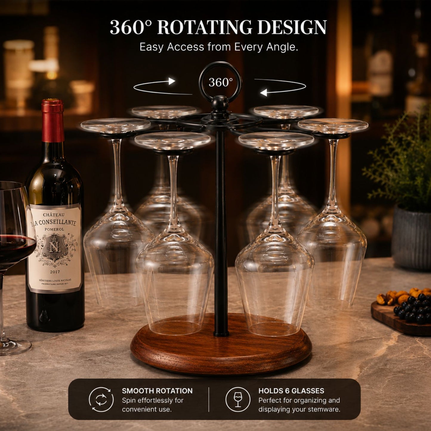 Wine Glass Holder Stand for 6 Glasses | 360° Rotating Wooden Base Stemware Organizer for Home Bar, Kitchen & Dining Table