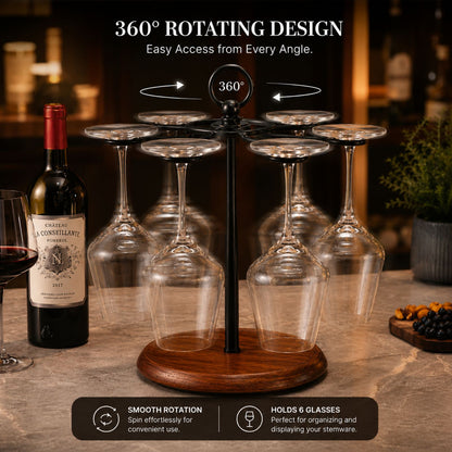 Wine Glass Holder Stand for 6 Glasses | 360° Rotating Wooden Base Stemware Organizer for Home Bar, Kitchen & Dining Table