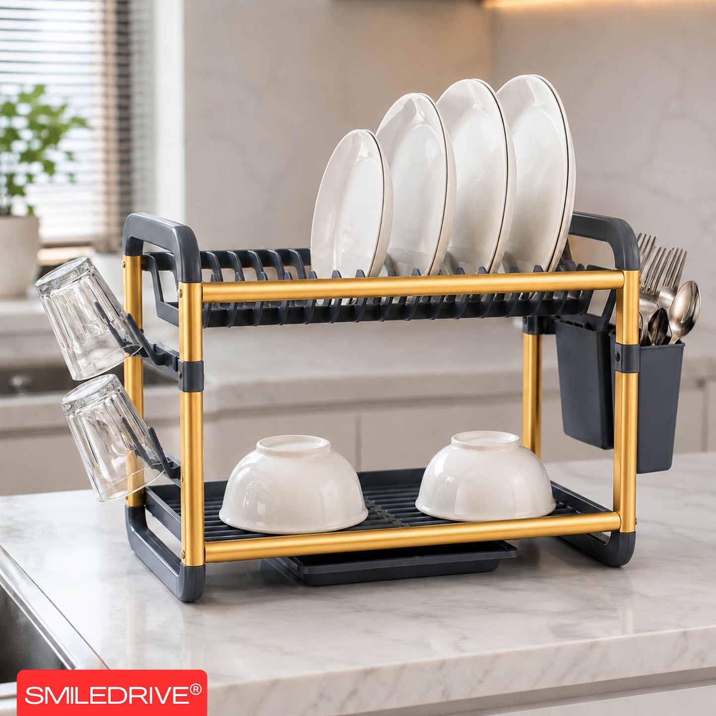 Dish Drying Rack with Drain Tray | 2-Tier Utensil Organizer with Cup and Cutlery Holder | Rust-Resistant Aluminium Kitchen Dish Rack | Available in Gold & Silver