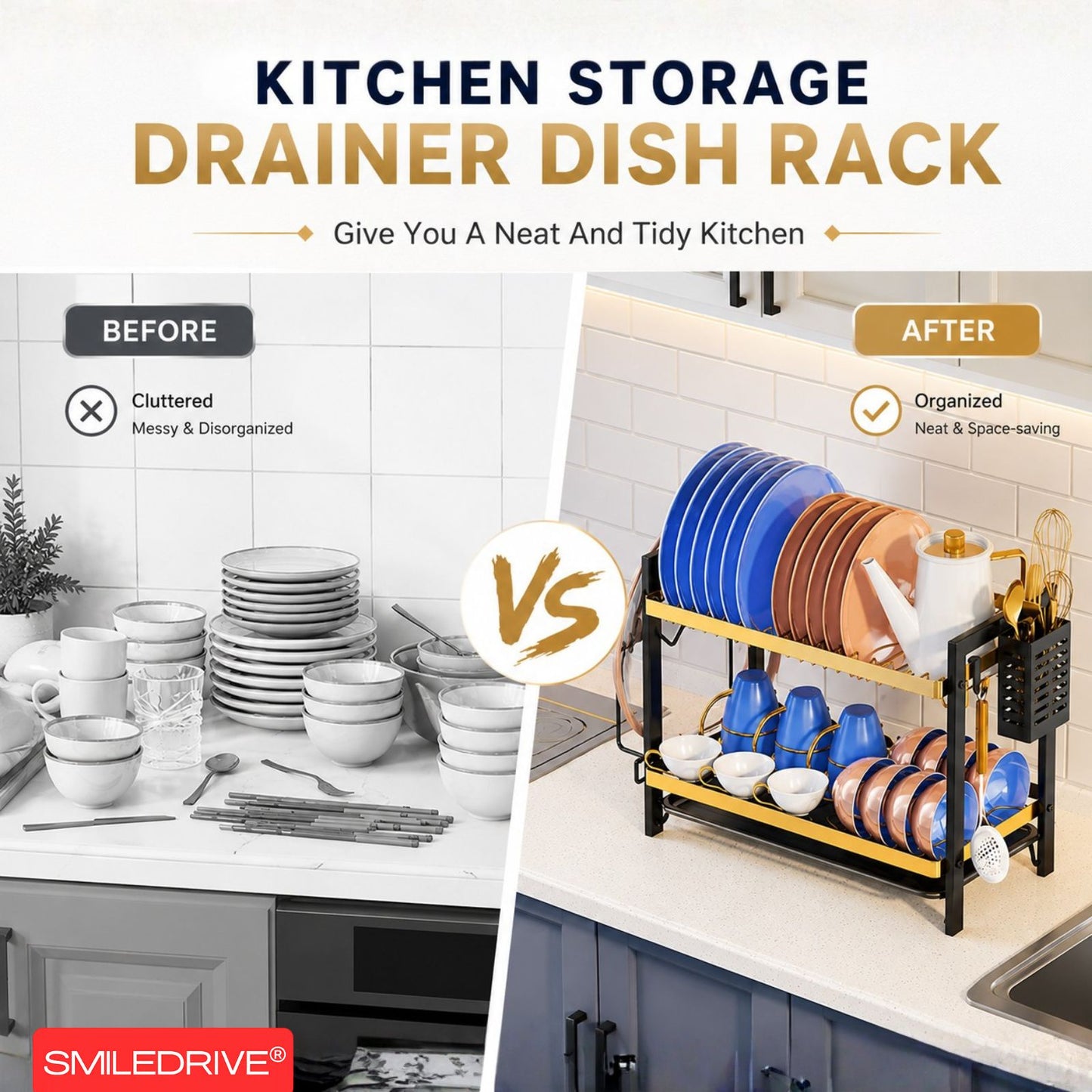 Utensil Drying Rack | Kitchen Dish Organizer Tray with Cutlery Holder & Built-in Drainer