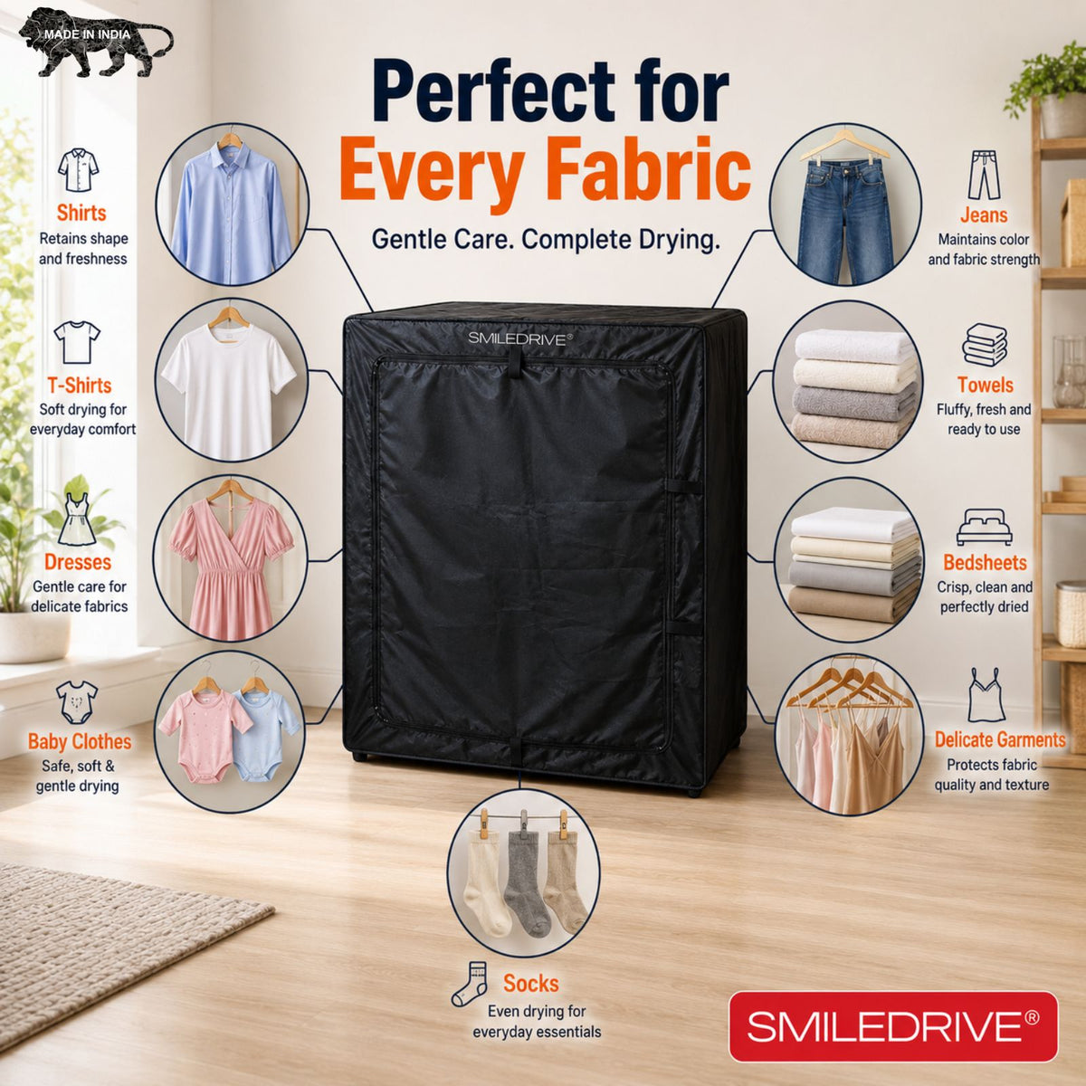 SMILEDRIVE® Portable Electric Clothes Dryer Machine | Foldable Enclosed Drying Rack with 4 Adjustable Arms | 8-Garment Hanging Rod | 76 × 76 × 99 cms | Made in India