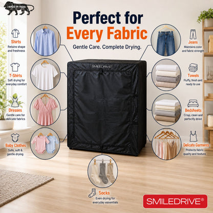 SMILEDRIVE® Portable Electric Clothes Dryer Machine | Foldable Enclosed Drying Rack with 4 Adjustable Arms | 8-Garment Hanging Rod | 76 × 76 × 99 cms | Made in India