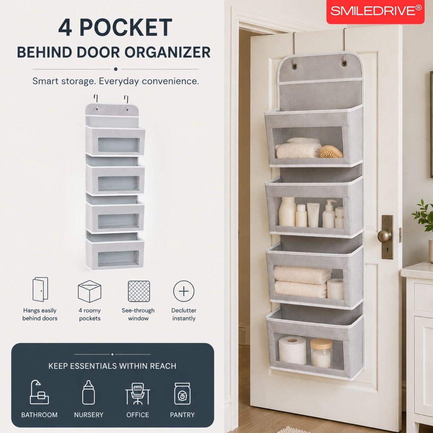 Over the Door Organizer – Hanging Storage Organizer with Clear Window Pockets for Closet, Bedroom, Bathroom | Available in 4/5 Pockets