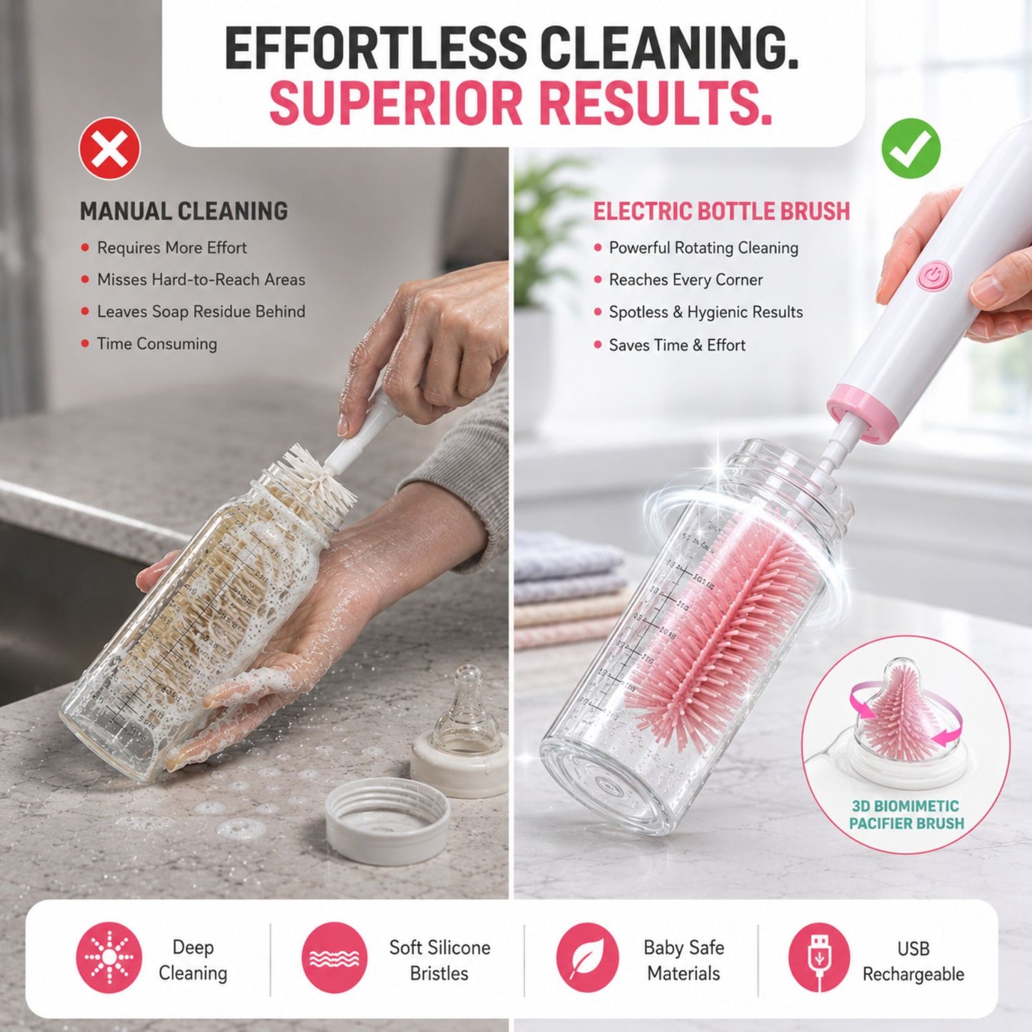 Electric Bottle Cleaning Brush Set with USB Rechargeable Handle | 4-in-1 Baby Bottle Brush Cleaner Kit | For All Bottles, Feeding Bottles, Nipples & their Accessories