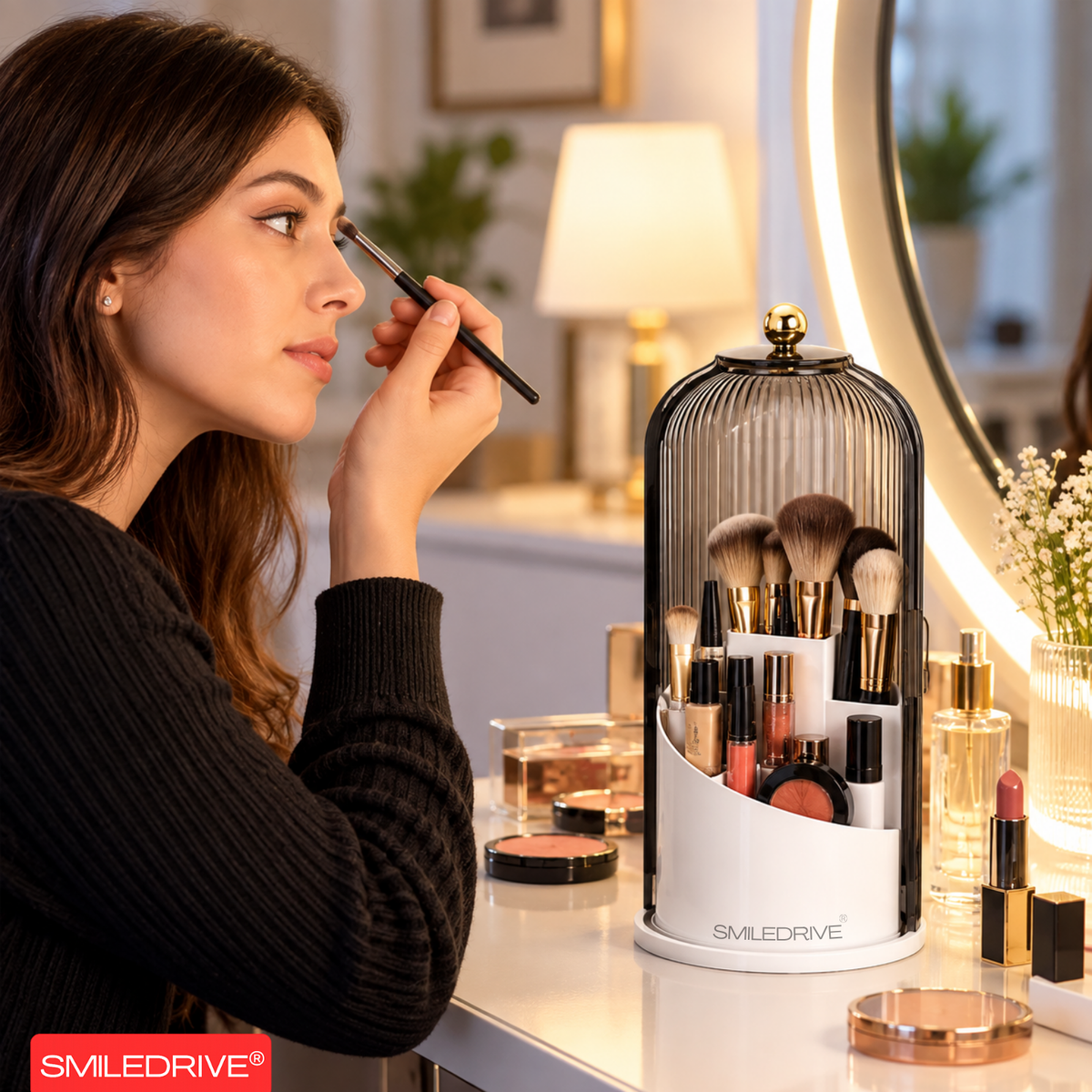 Makeup Organizer with Transparent Dust-Proof Cover | 360° Rotatable Base & 180° Rotatable Shell | 3 Compartment Cosmetic Organizer for Makeup Brushes, Lipsticks, Skincare & Beauty Essentials
