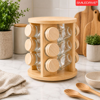 Rotating Spice Rack Wooden Spice Organizer | 5, 12 or 16 Glass Jar with Revolving Stand