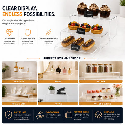 Acrylic Display Stand | Multi-Purpose Display Stands for Jewellery, Bakery, Retail, Cosmetics, Collectibles, & Home Use | Clear 5mm Thick Acrylic Product Display Risers Set of 3