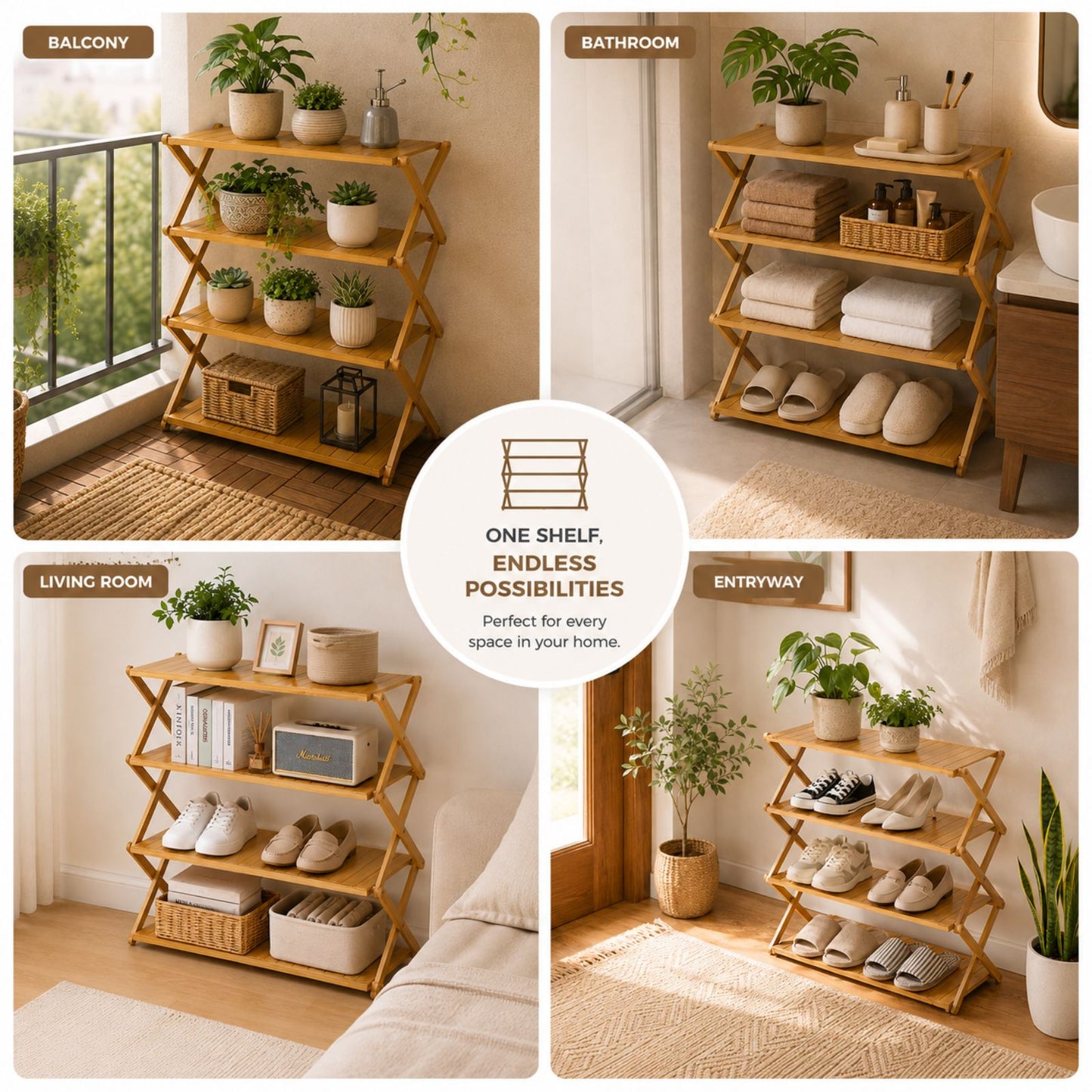 Foldable Bamboo Shoe Rack | 3 & 4-tier Balcony Plant Stand | Space Saving Storage Organizer for Entryway, Bedroom, Bathroom or Balcony