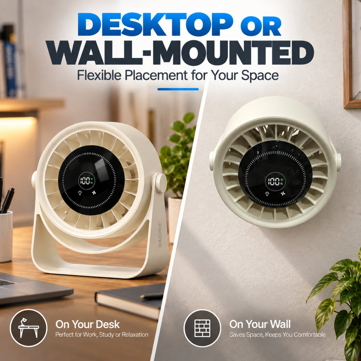 High Speed BLDC Desktop Fan | Rechargeable Fan with 4000 mAh battery | Speed control with Digital Display |  Remote Control |  Desktop & Wall Mounted Design | Ambient Light | Type C