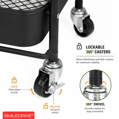 Kitchen Storage Trolley | 3 Tier Fruit and  Vegetable Basket with Wheels | Rolling Cart Trolley for Kitchen, Pantry, Bathroom & Laundry Room | Black