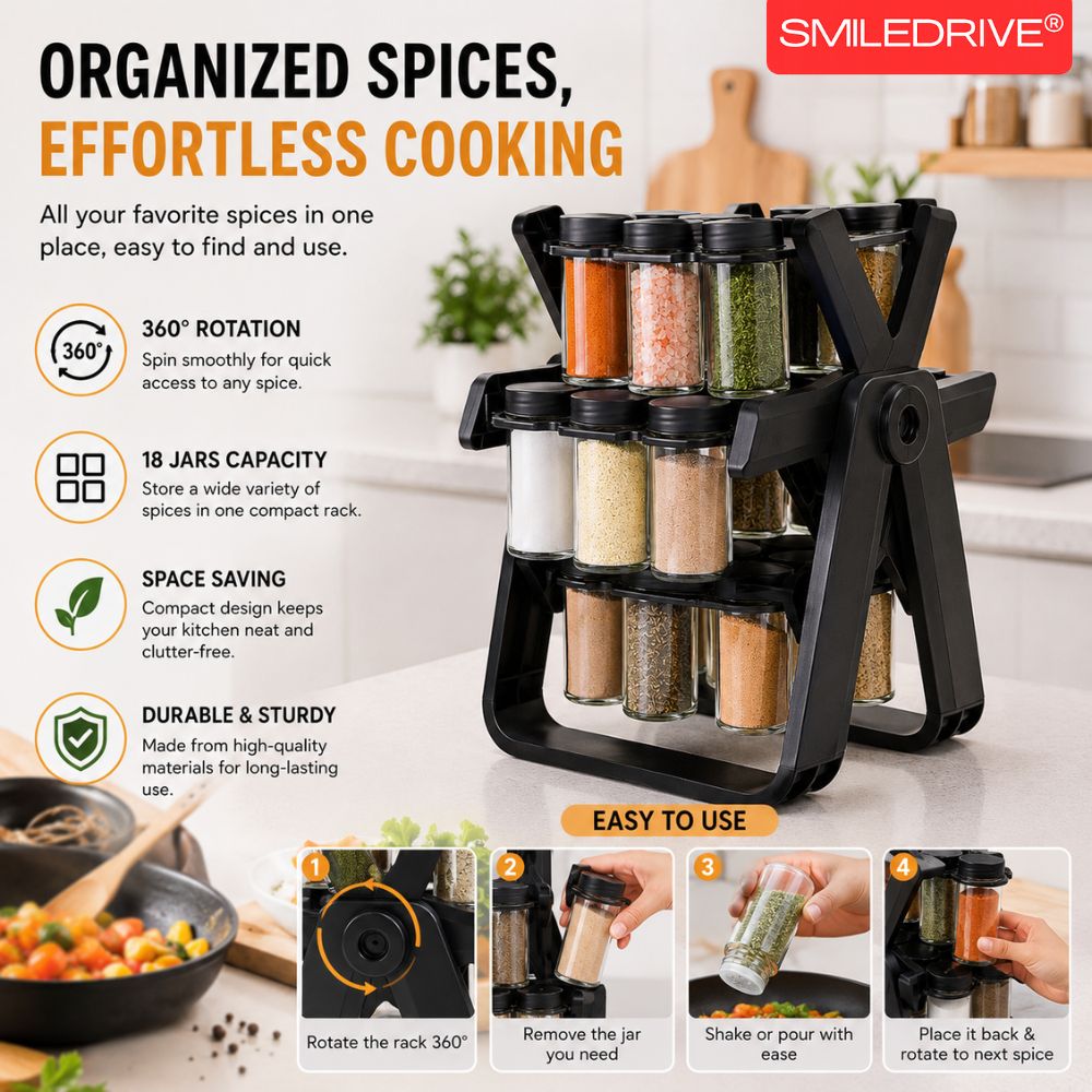 18 Jar Rotating Spice Rack Organizer | 360° Revolving Masala Stand with Glass Spice Jars for Kitchen Counter & Cabinet