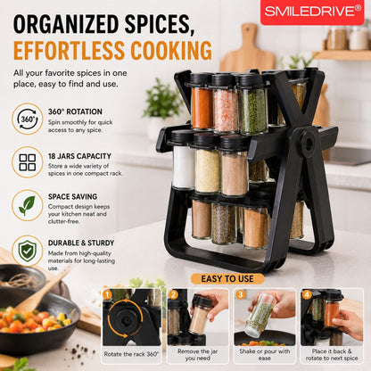 18 Jar Rotating Spice Rack Organizer | 360° Revolving Masala Stand with Glass Spice Jars for Kitchen Counter & Cabinet
