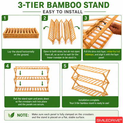 Foldable Bamboo Shoe Rack | 3 & 4-tier Balcony Plant Stand | Space Saving Storage Organizer for Entryway, Bedroom, Bathroom or Balcony