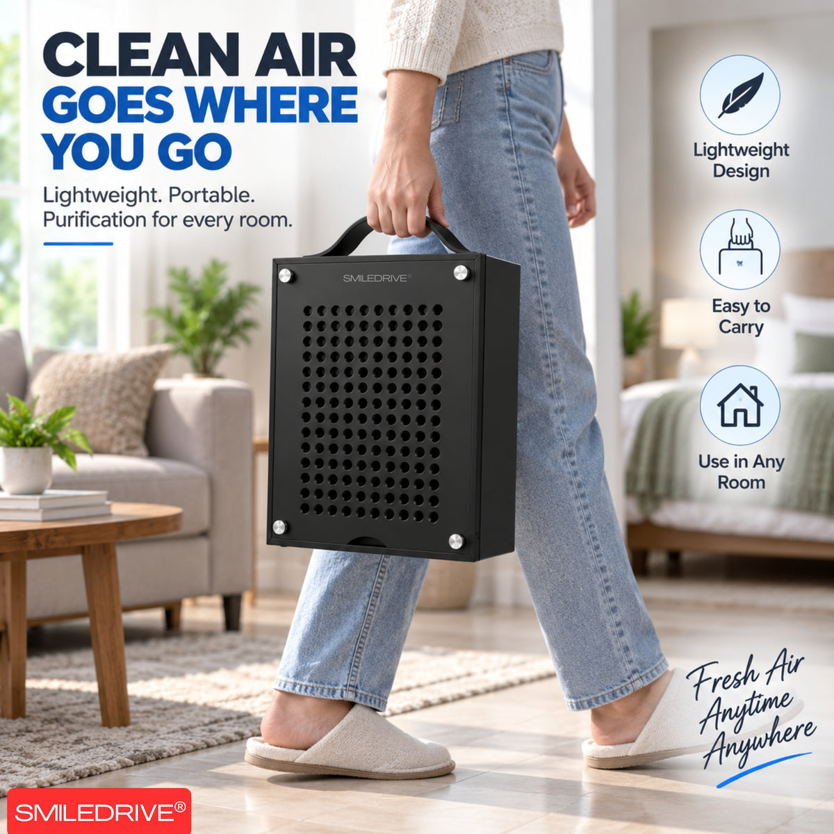 Portable Air Purifier for Home Office Room | H13 HEPA Filter | Removes 99.97% of Particles up to 0.3 Microns | CADR 96 m³/h | Covers up to 200 Sq.ft | Low Noise 50 dB | 25W Energy Efficient | Made in India