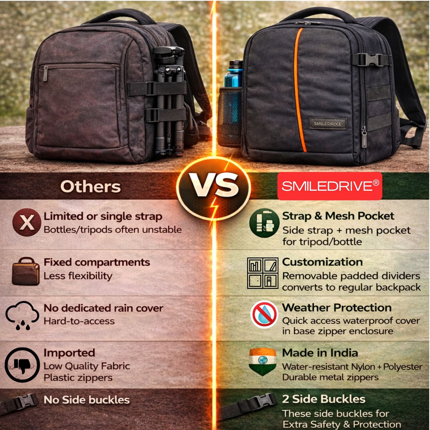 Waterproof DSLR Camera & Laptop Backpack – Lightweight, Durable & Travel-Ready Gear Bag with Top-Side Buckles | Fits Most Common Camera Sizes | Custom Dividers | Rain Cover