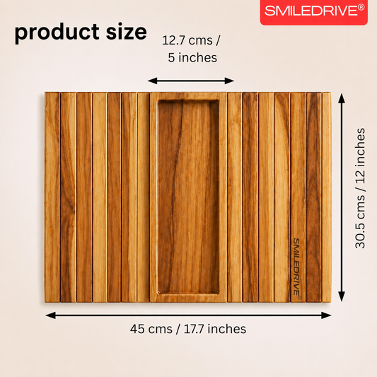Teakwood Sofa Armrest Tray with Snack Holder Section – Foldable Couch Arm Table with Premium Faux Leather Base (Made in India)