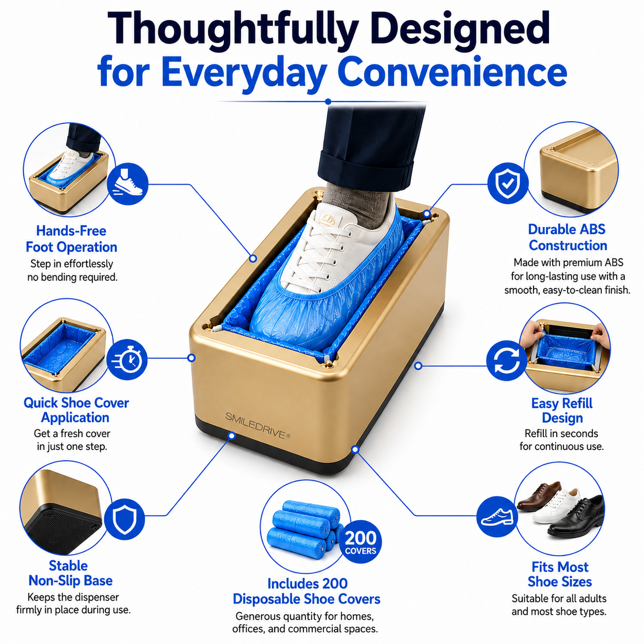 Shoe Cover Dispenser with 200 Disposable Shoe Covers | Hands-Free Automatic Foot Operated Shoe Cover Machine | No Bending, No Mess | Ideal for Home, Office, Clinic & Clean Spaces
