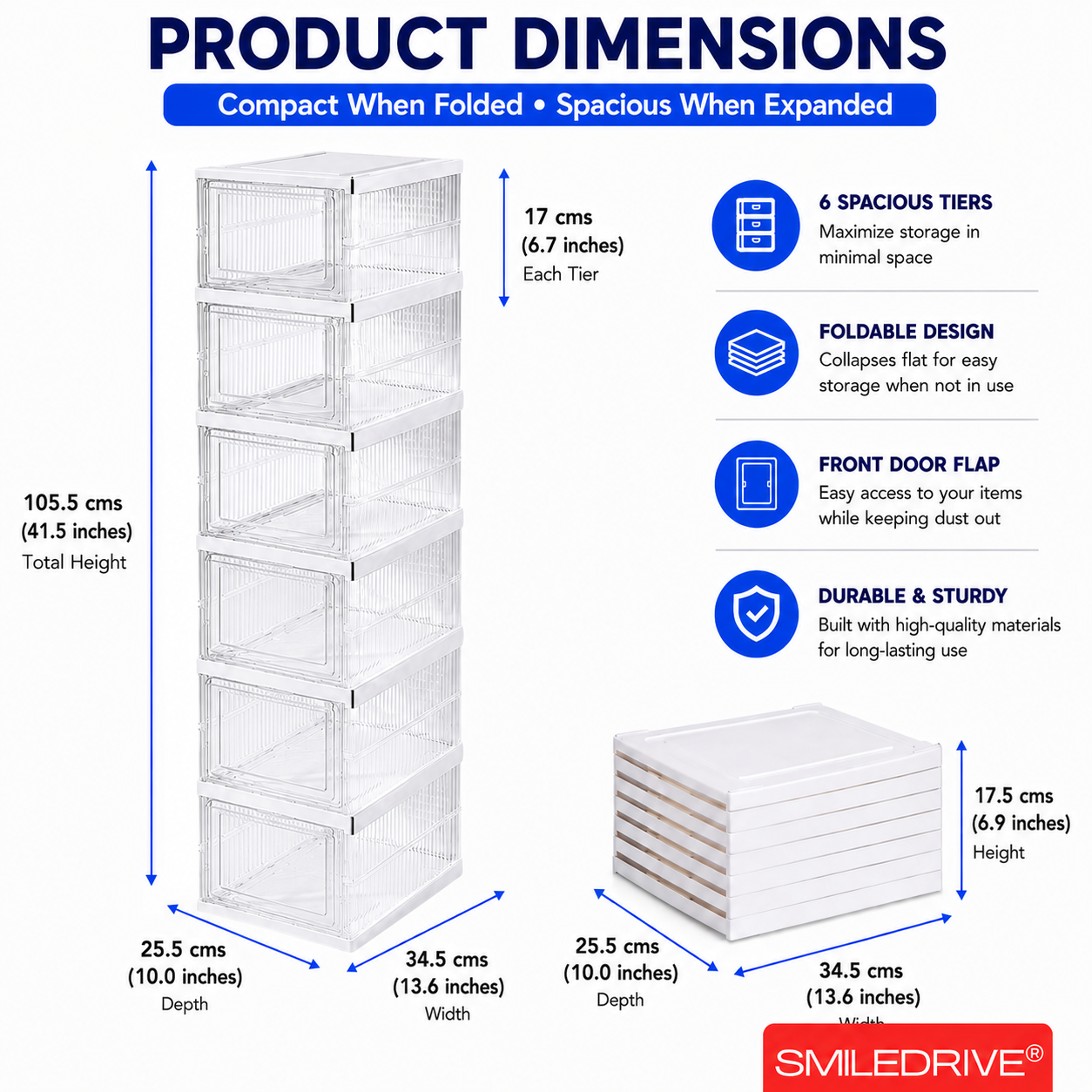 SMILEDRIVE® Foldable Storage Rack with Transparent Doors | Foldable Shoe Rack | 6-Tier Space-Saving Multi-Purpose Organizer for Home