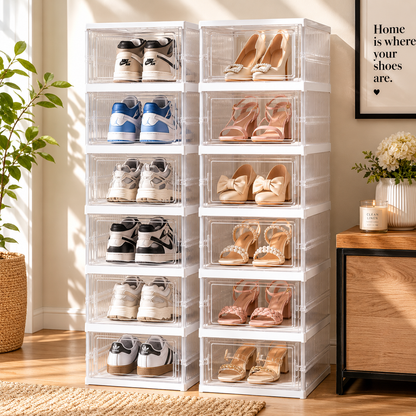 SMILEDRIVE® Foldable Storage Rack with Transparent Doors | Foldable Shoe Rack | 6-Tier Space-Saving Multi-Purpose Organizer for Home