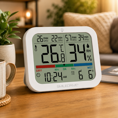 Digital Hygrometer Sensor with Thermometer for Home, Indoor, Outdoor | Temperature & Humidity Meter,Clock & Calendar, 24H Max/Min Records | Backlight Display, Magnetic Mount & Table Stand