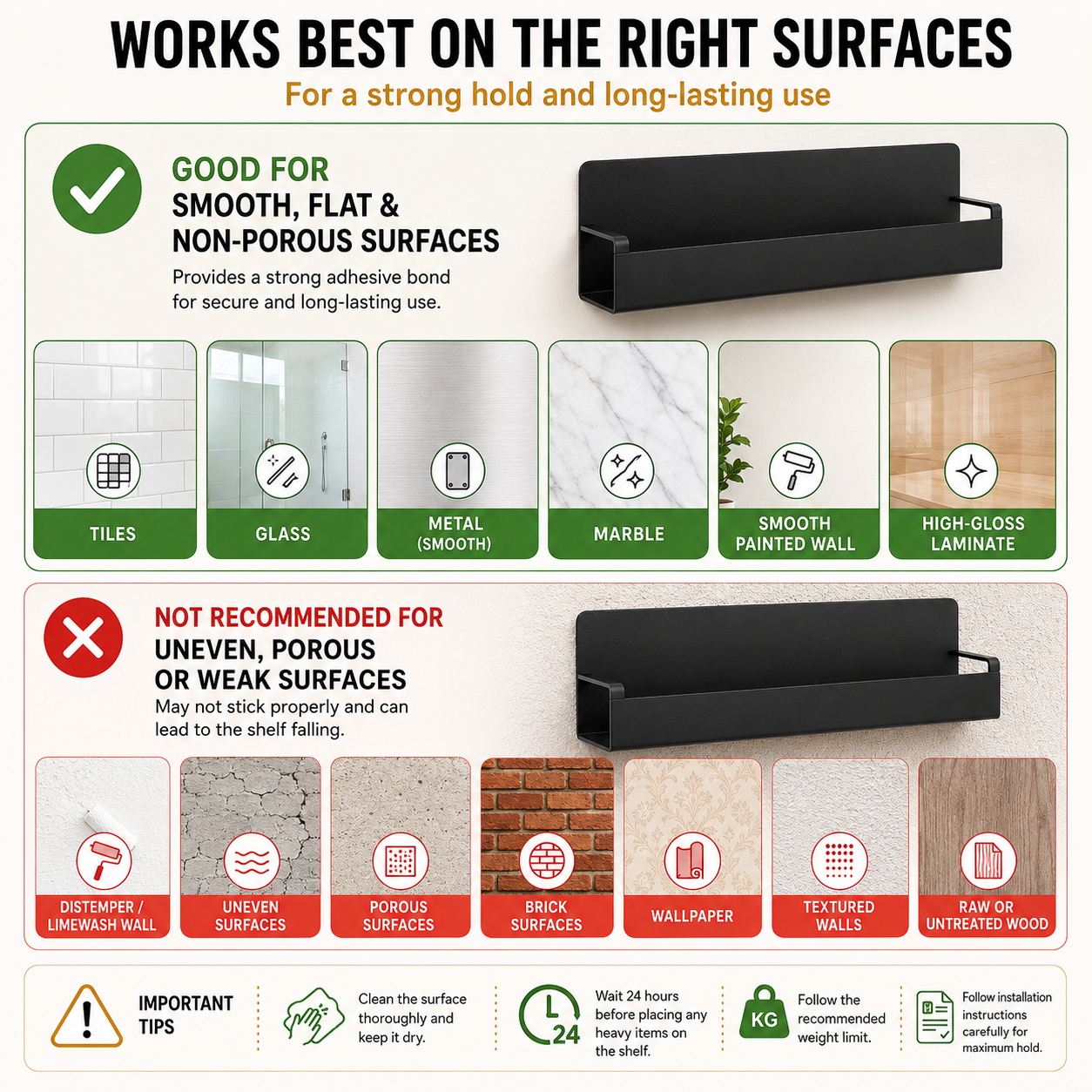 Floating Shelf for Wall | Wall Mounted Metal Shelf | Kitchen Bathroom Wall Rack | No Drill Self Adhesive Washroom Organizer