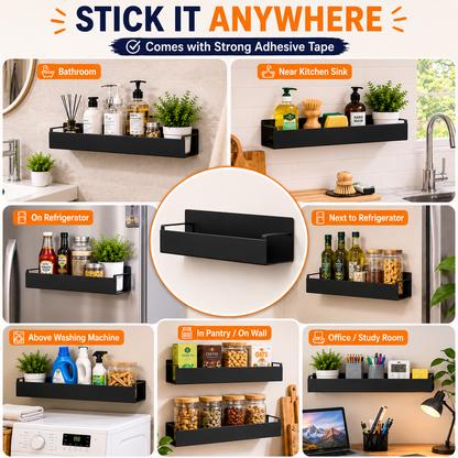 Floating Shelf for Wall | Wall Mounted Metal Shelf | Kitchen Bathroom Wall Rack | No Drill Self Adhesive Washroom Organizer