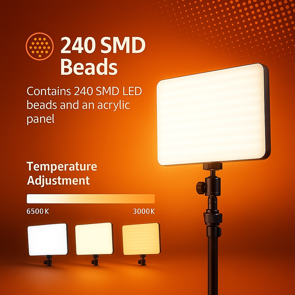 SMILEDRIVE® Photography Light - LED Video Light Panel with 240 SMD Beads & 7ft Tripod – Dimmable 3000K–6500K Lighting Kit for Photography, Videography & Content Creation