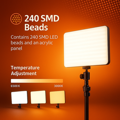 SMILEDRIVE® Photography Light - LED Video Light Panel with 240 SMD Beads & 7ft Tripod – Dimmable 3000K–6500K Lighting Kit for Photography, Videography & Content Creation