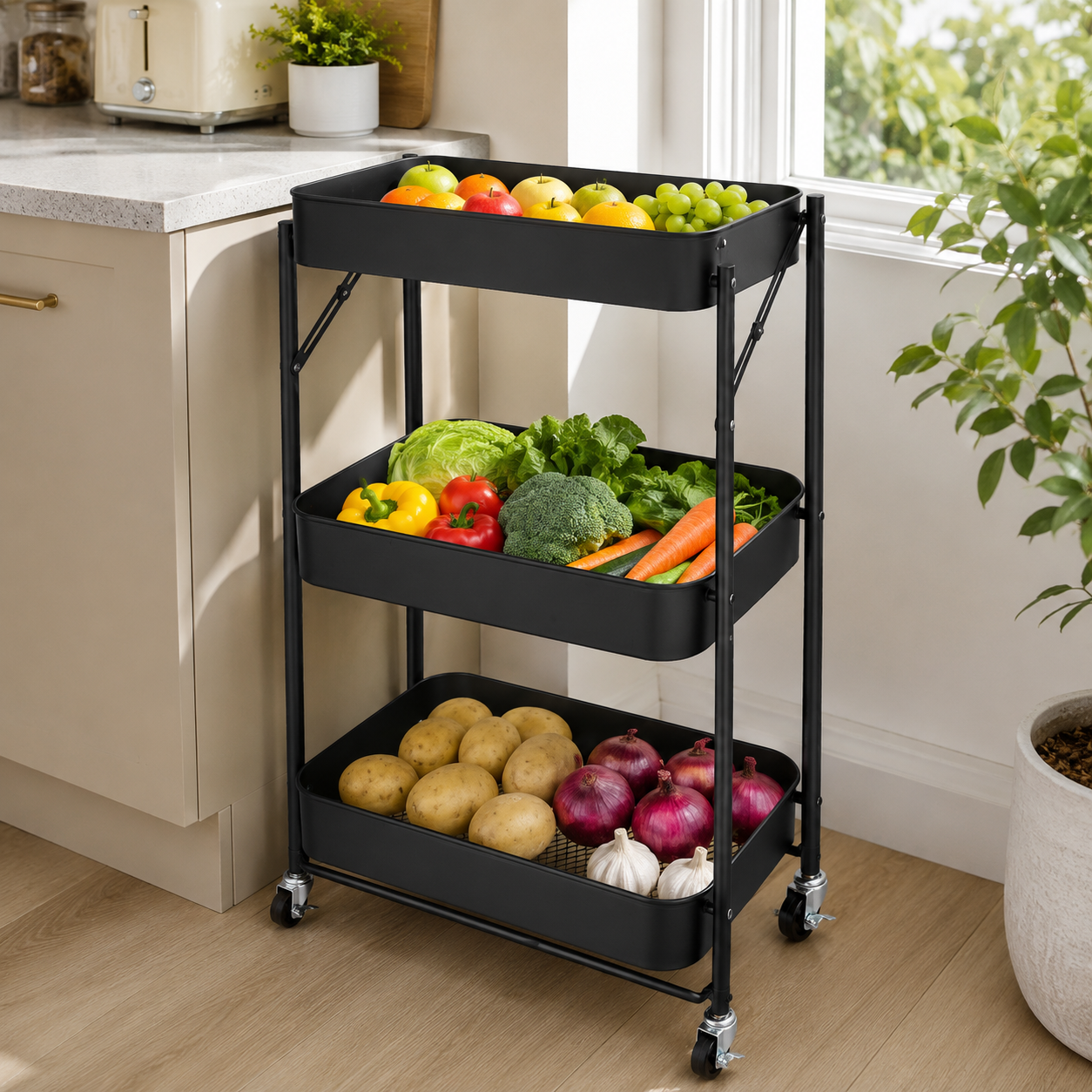Kitchen Storage Trolley | 3 Tier Fruit and  Vegetable Basket with Wheels | Rolling Cart Trolley for Kitchen, Pantry, Bathroom & Laundry Room | Black