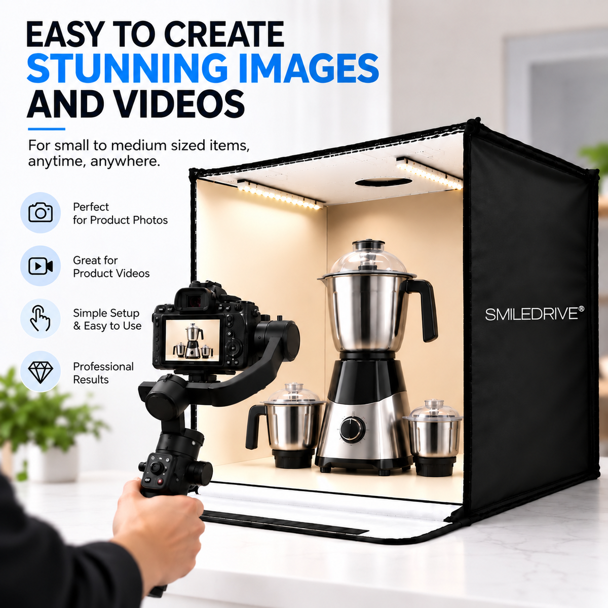 60 cm Product Photography Light Box | Portable Product Photography Box with Reflective Interior | 3 modes 2 LED lights with dimmer  | 5 Backdrops Included | Perfect Photo Booth for Appliances, Electronics, Gadgets, Big Toys, small & medium sized items