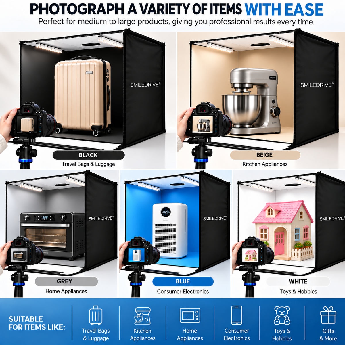 60 cm Product Photography Light Box | Portable Product Photography Box with Reflective Interior | 3 modes 2 LED lights with dimmer  | 5 Backdrops Included | Perfect Photo Booth for Appliances, Electronics, Gadgets, Big Toys, small & medium sized items