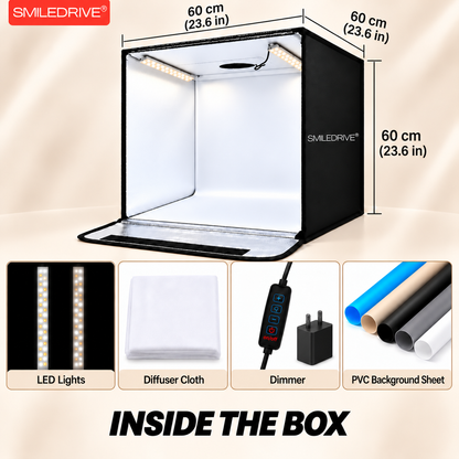 60 cm Product Photography Light Box | Portable Product Photography Box with Reflective Interior | 3 modes 2 LED lights with dimmer  | 5 Backdrops Included | Perfect Photo Booth for Appliances, Electronics, Gadgets, Big Toys, small & medium sized items