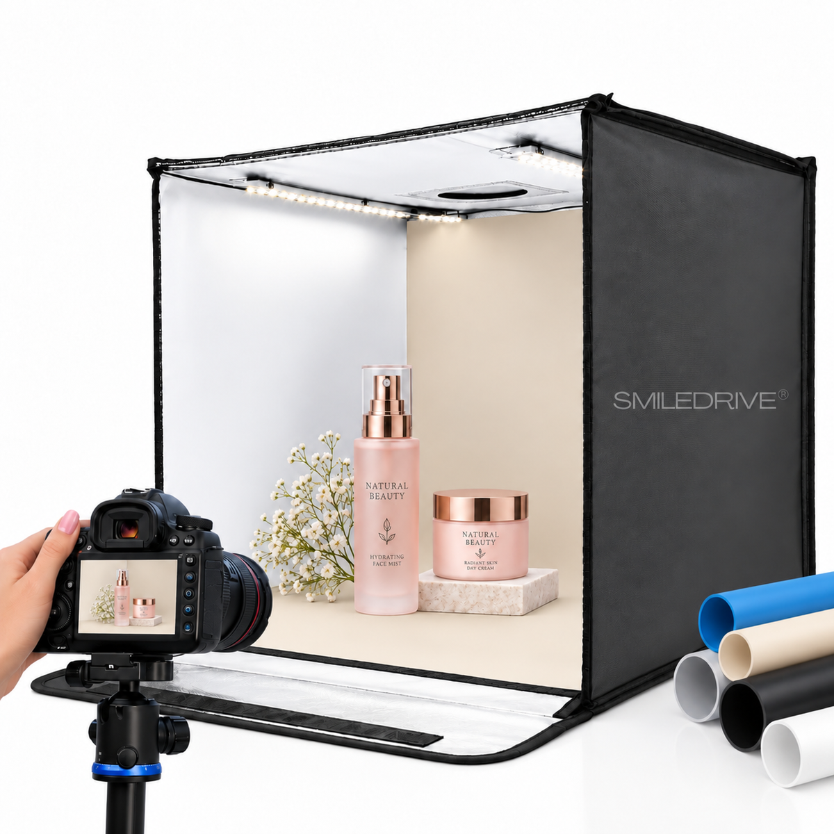 43 cm Product Photography Light Box | Portable Product Photography Box with Reflective Interior | 3 modes LED lights | 5  Backdrops Included | Perfect Photo Booth for jewelry, cosmetics, gadgets, and other small-to-medium items
