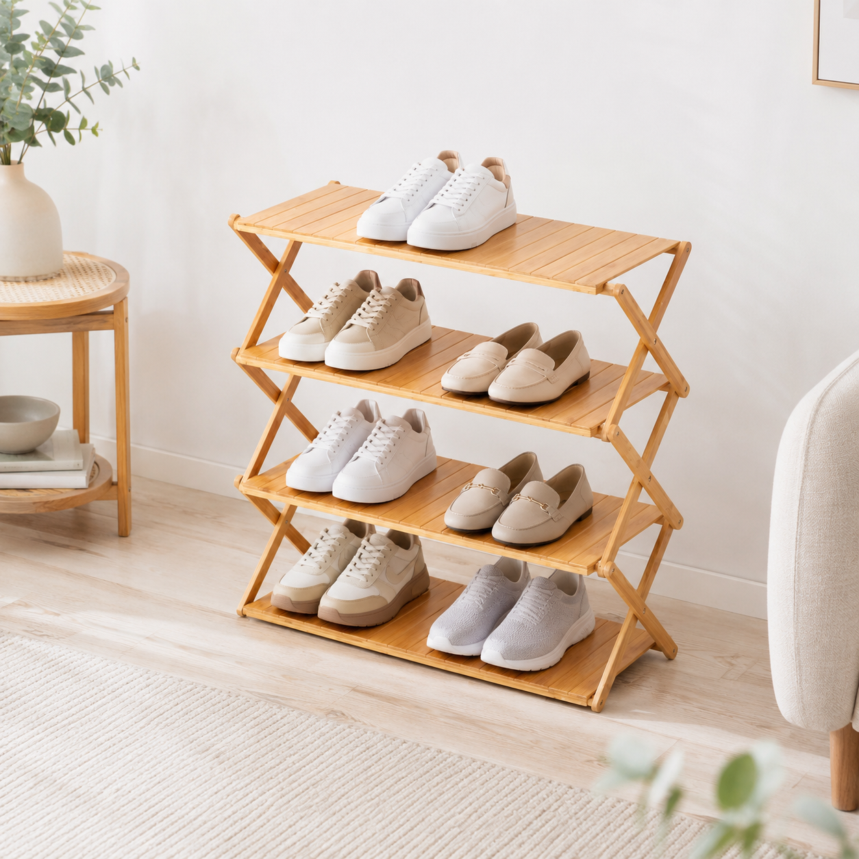 Foldable Bamboo Shoe Rack | 3 & 4-tier Balcony Plant Stand | Space Saving Storage Organizer for Entryway, Bedroom, Bathroom or Balcony